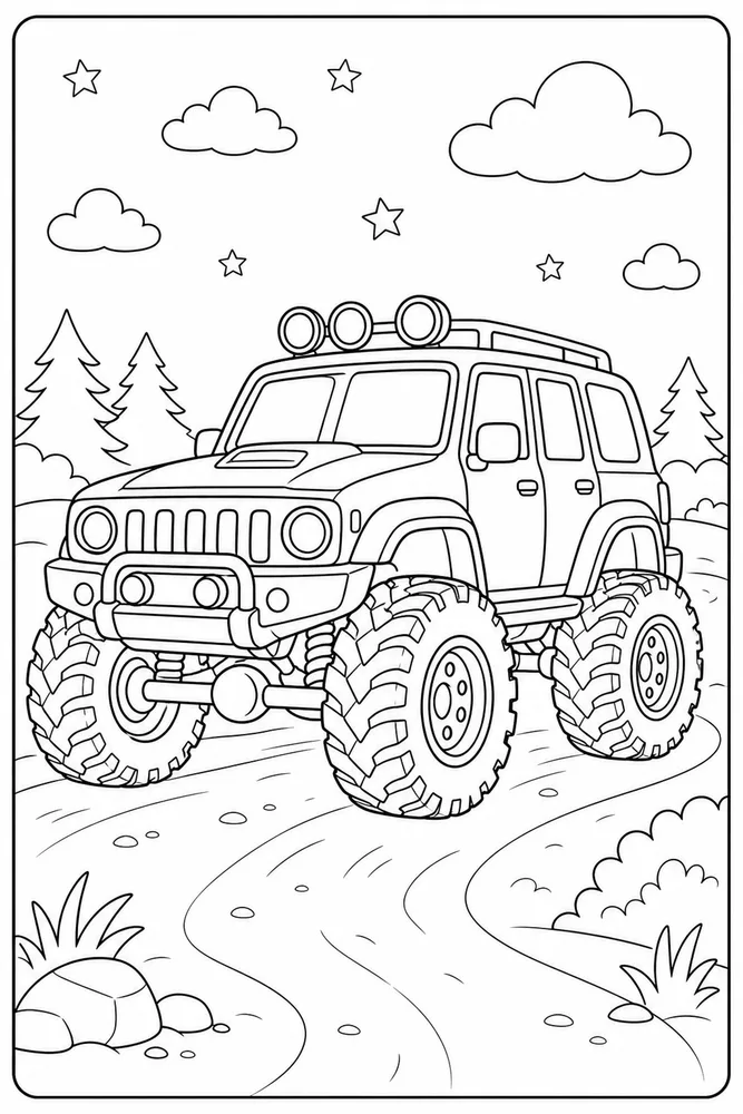 Kids Car Big Wheels printable coloring page preview with clean line art.