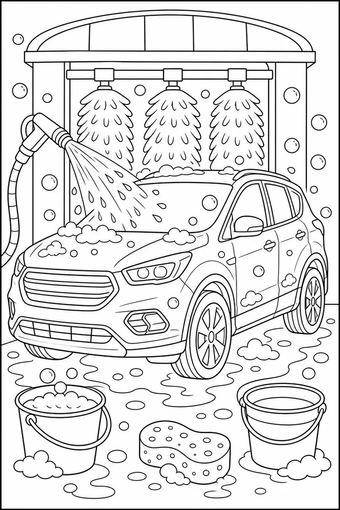 Kids Car Car Wash printable coloring page preview with clean line art.