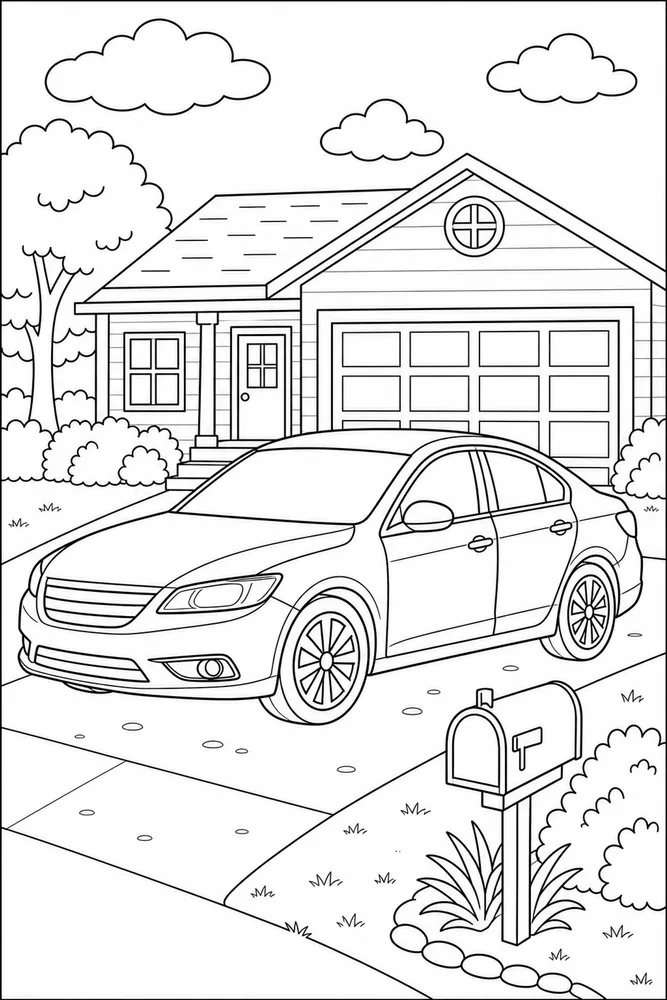 Kids Car Driveway Scene coloring page