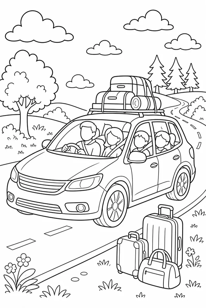 Kids Car Family Trip printable coloring page preview with clean line art.