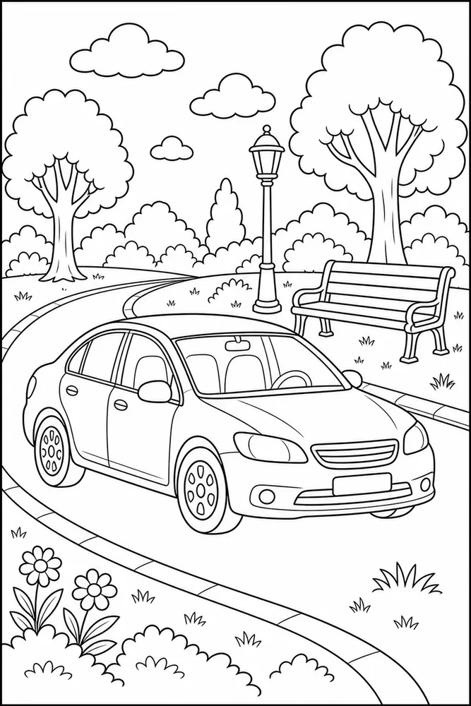 Kids Car Park Road printable coloring page preview with clean line art.