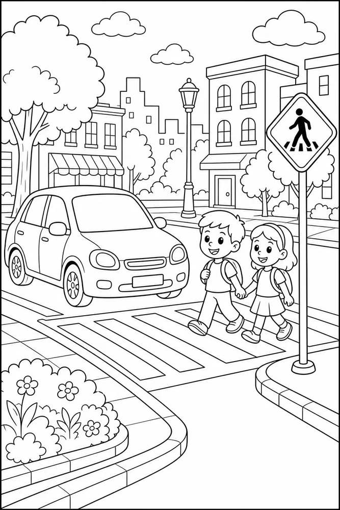 Kids Car Safe Crosswalk coloring page