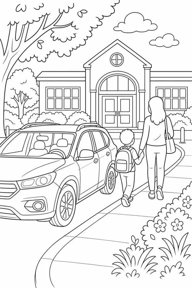 Kids Car School Drop Off coloring page