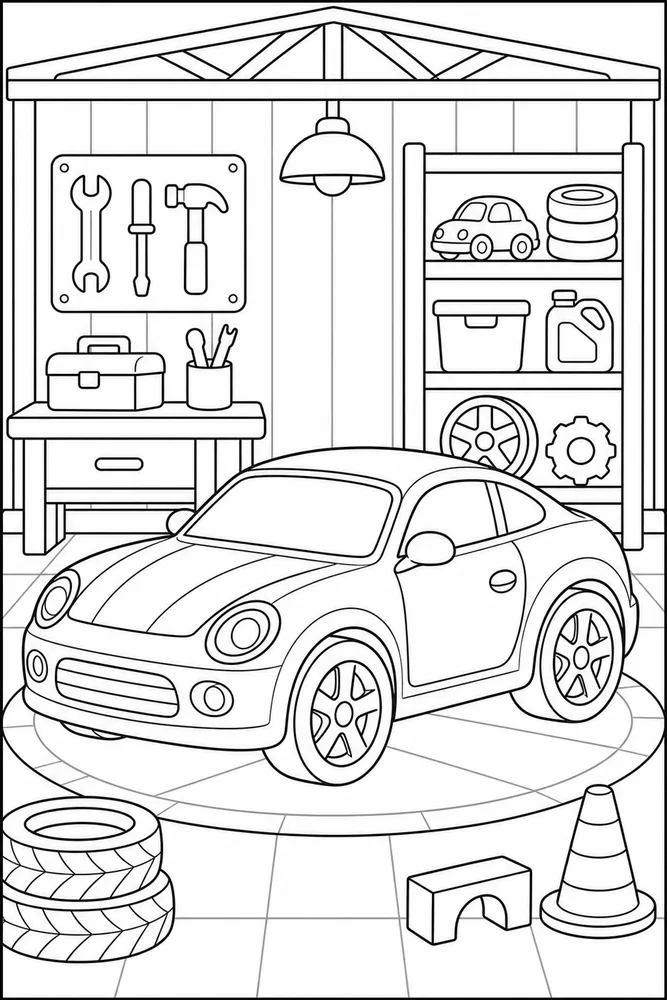 Kids Car Toy Garage printable coloring page preview with clean line art.