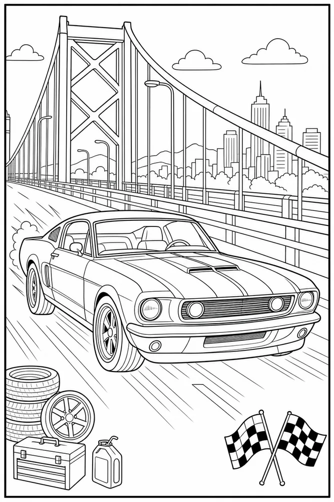 Mustang Car Mustang Bridge Drive printable coloring page