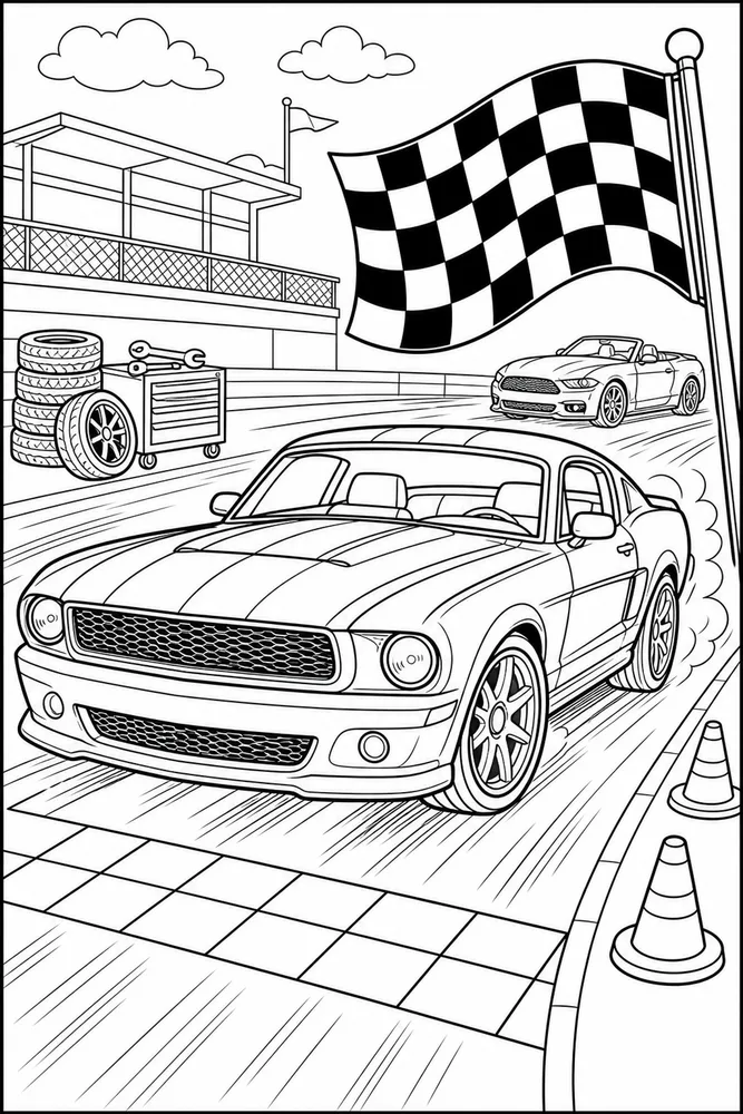 Mustang Car Mustang Checkered Flag printable coloring page