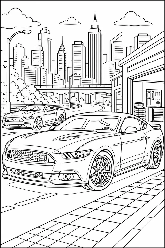 Mustang Car Mustang City Skyline printable coloring page