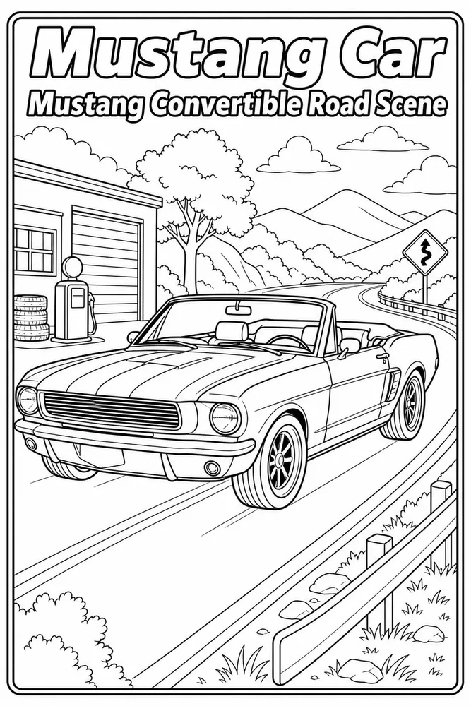 Mustang Car Mustang Convertible Road Scene printable coloring page