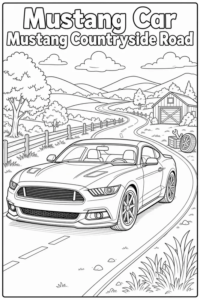 Mustang Car Mustang Countryside Road printable coloring page