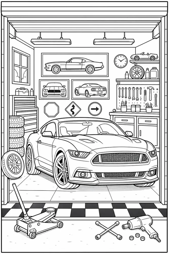 Mustang Car Mustang Garage Bay printable coloring page