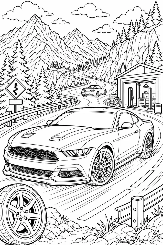 Mustang Car Mustang Mountain Highway printable coloring page