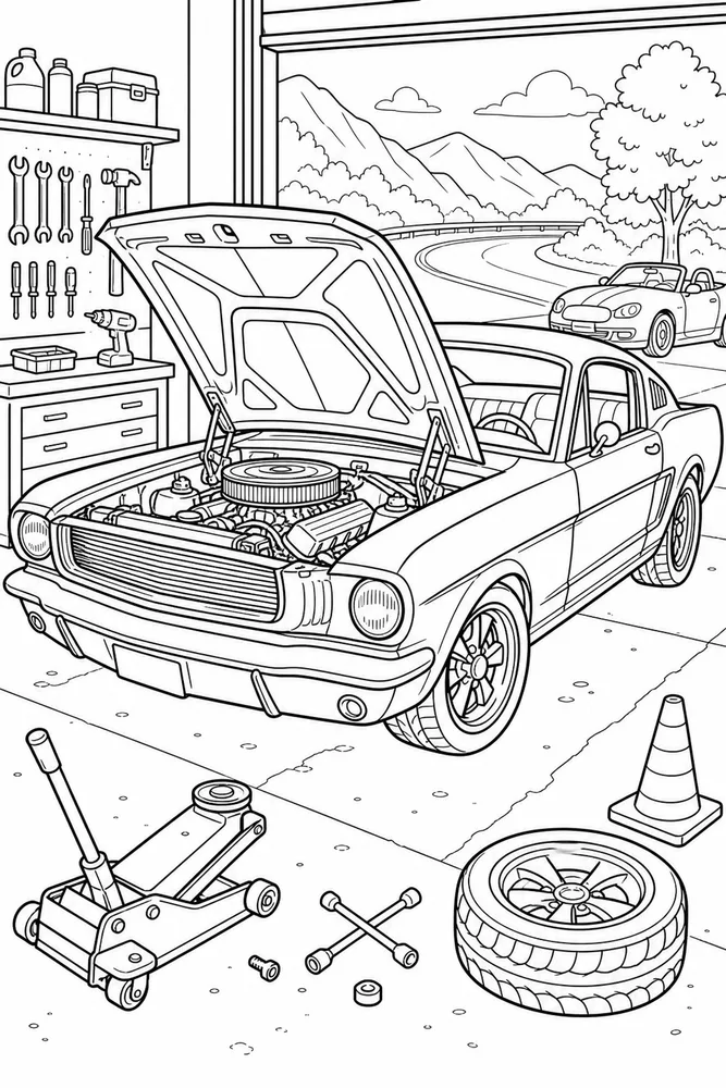 Mustang Car Mustang Open Hood Scene printable coloring page