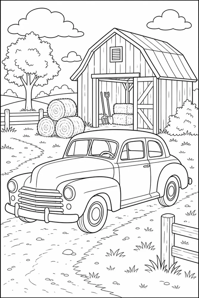 Old Car Farm Shed printable coloring page preview with clean line art.