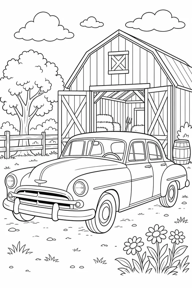 Old Car Old Car Barn printable coloring page preview with clean line art.