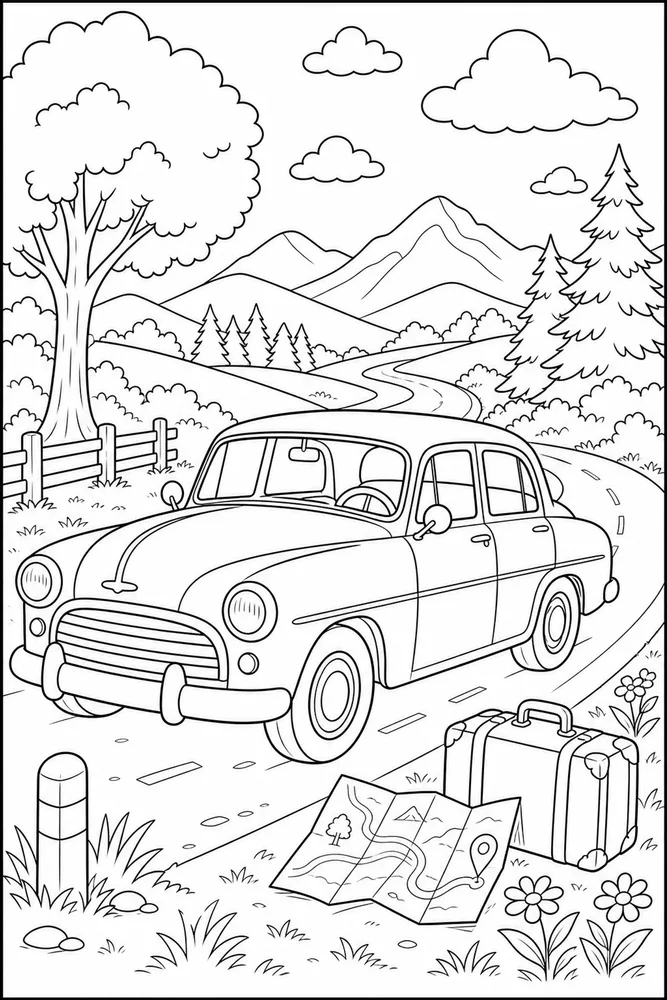 Old Car Old Road Trip coloring page