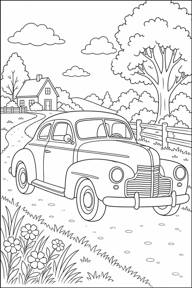 Old Car Quiet Lane printable coloring page preview with clean line art.