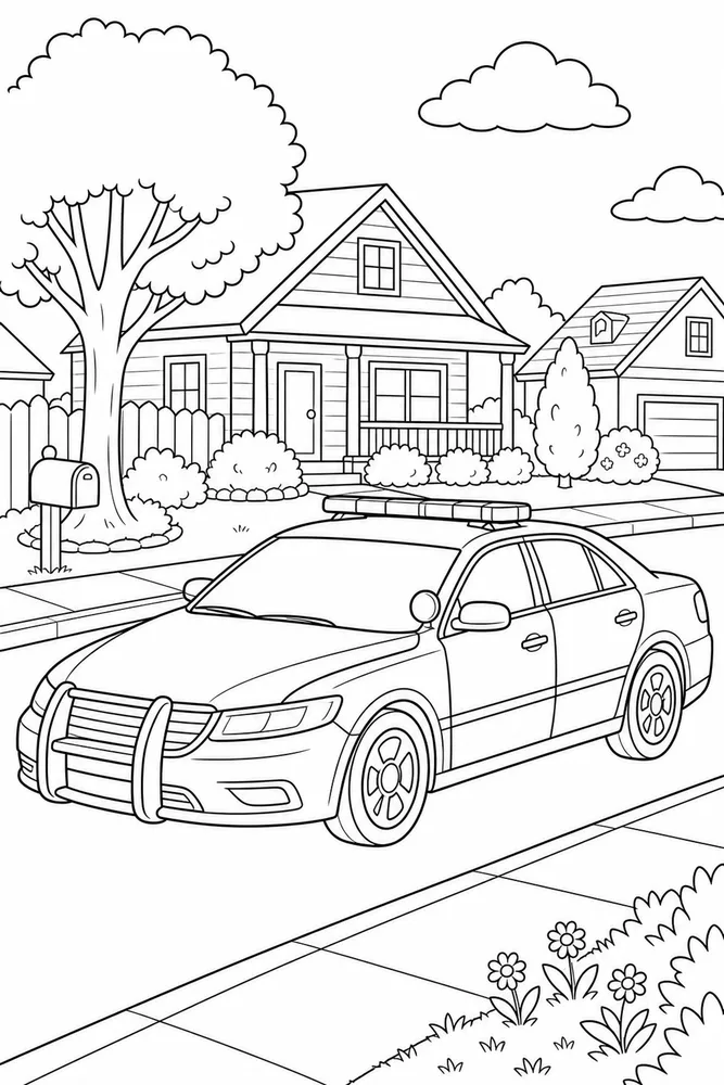 Police Car Neighborhood Street coloring page