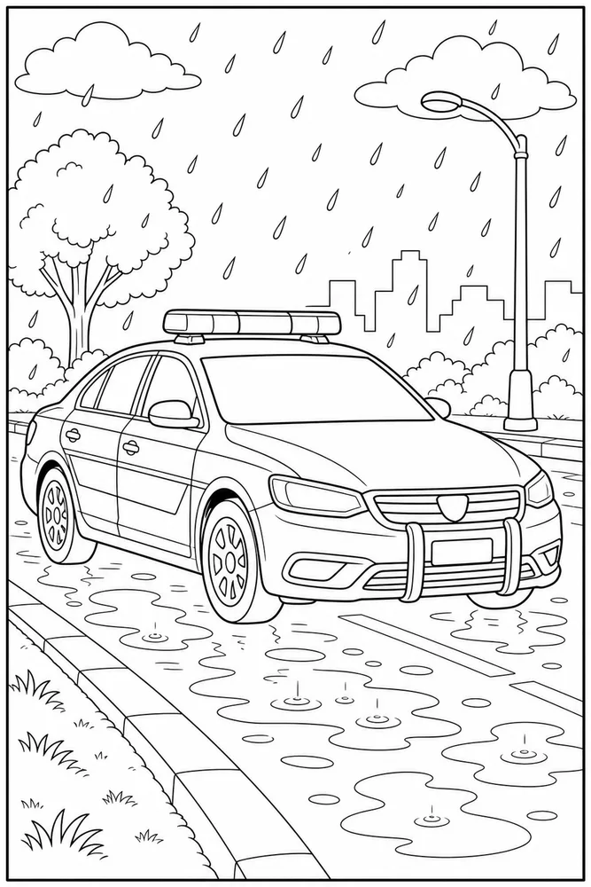 Police Car Rainy Road coloring page