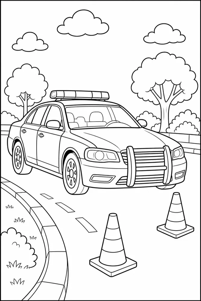 Police Car Traffic Cone Scene coloring page