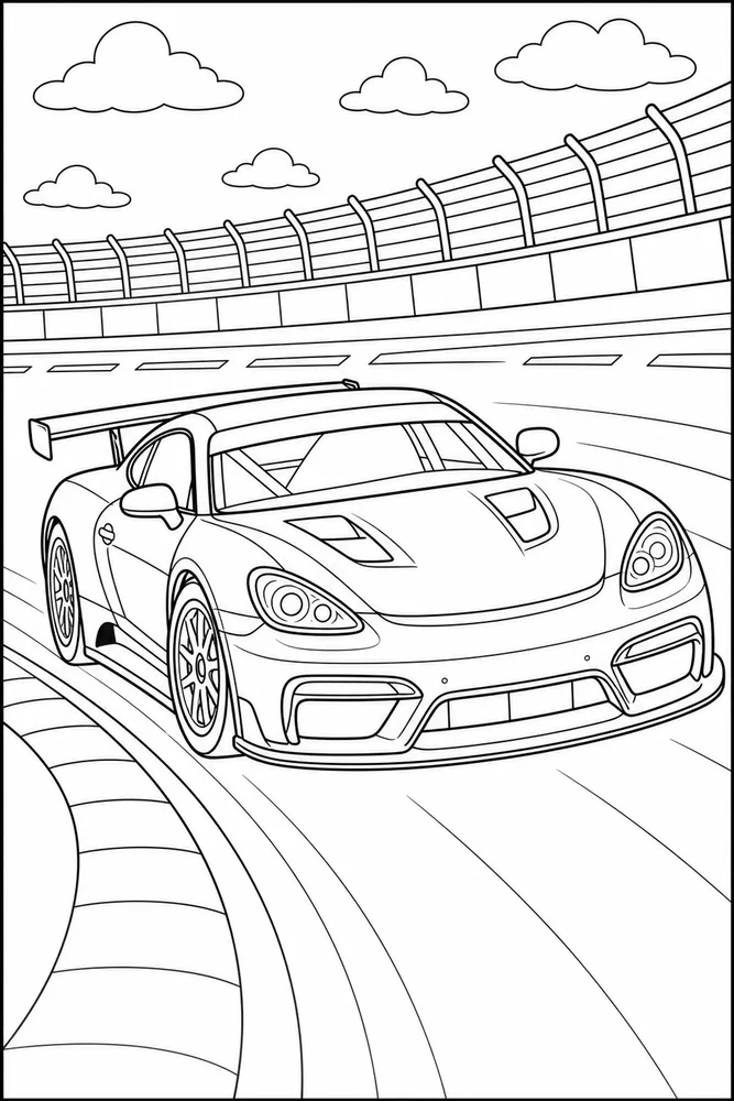 Race Car Banked Turn printable coloring page preview with clean line art.