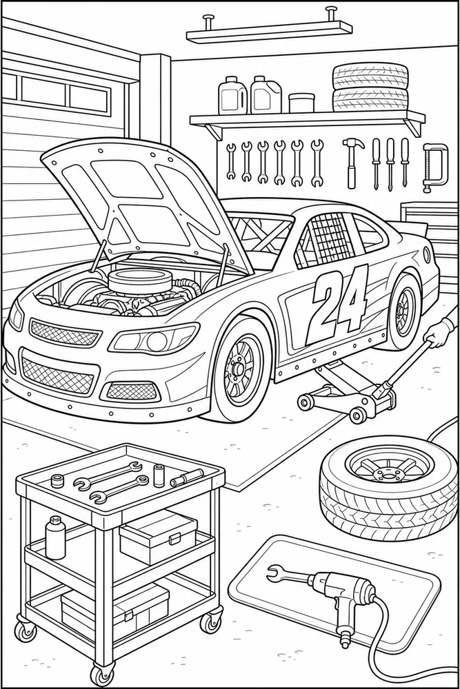 Race Car Garage Tuneup coloring page