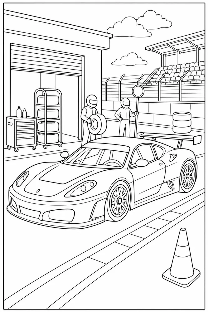 Race Car Pit Lane printable coloring page preview with clean line art.