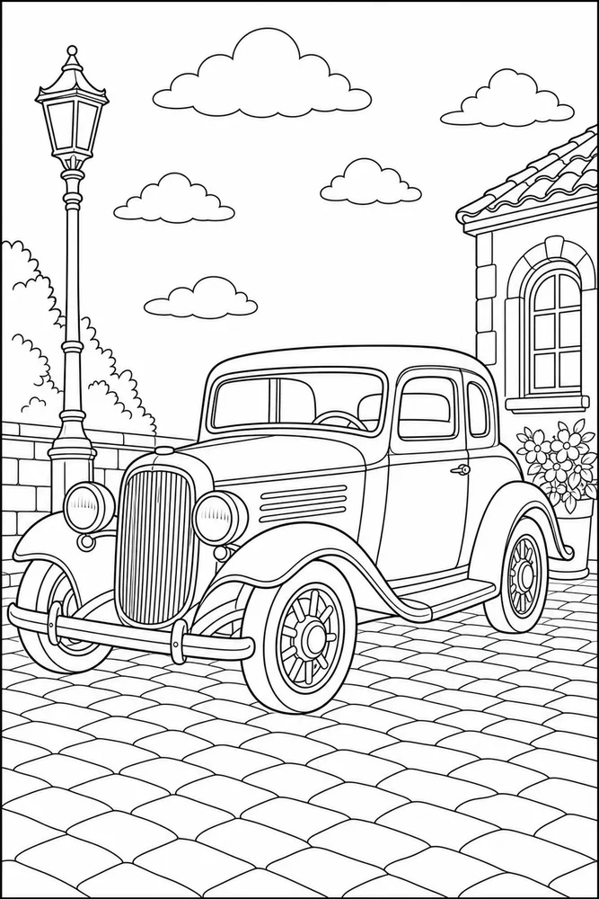 Vintage Car Cobblestone Road coloring page