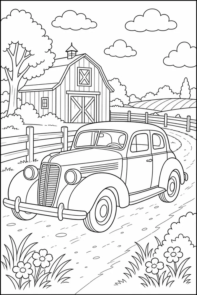 Vintage Car Farm Lane coloring page