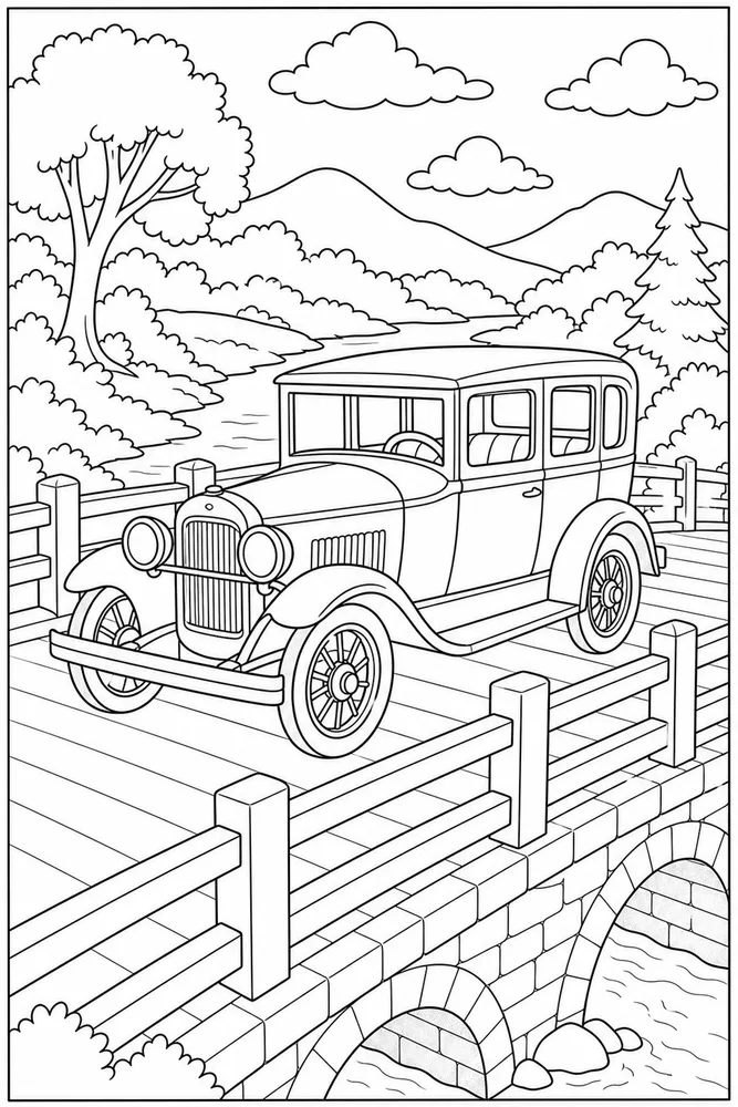 Vintage Car Old Bridge coloring page