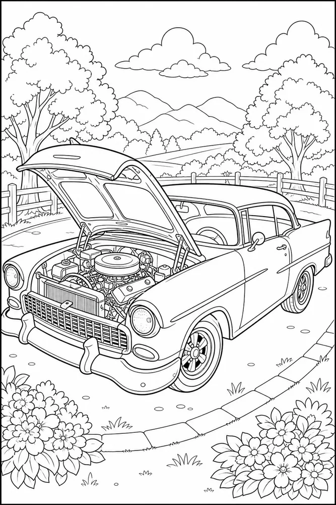 Vintage Car Open Hood Detail coloring page
