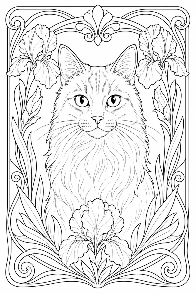 Adult cat portrait in an art nouveau floral frame coloring page