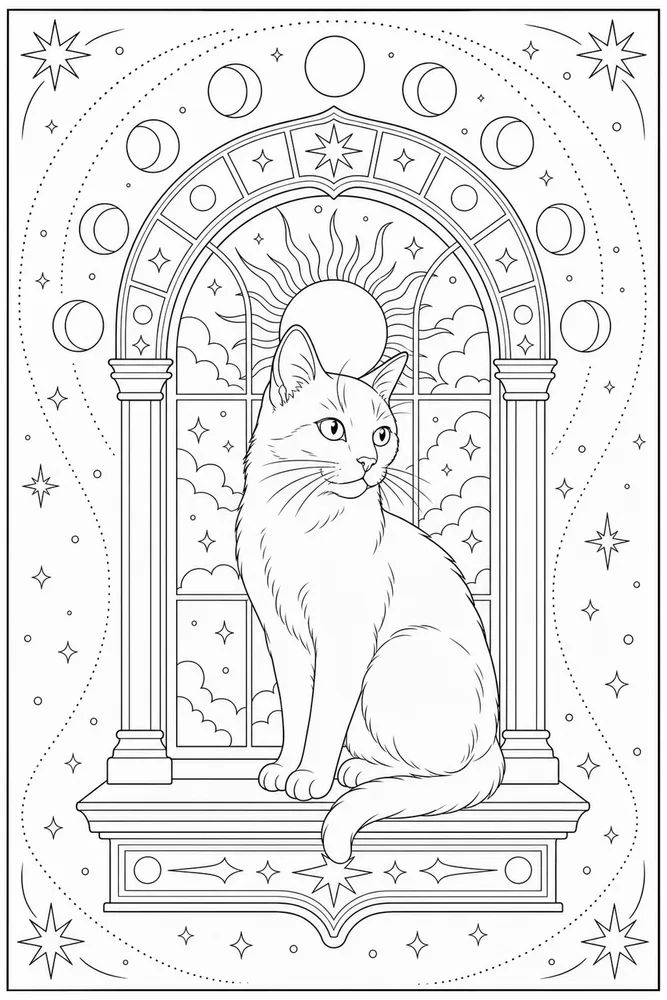 Adult cat beside an astrology-style arched window coloring page