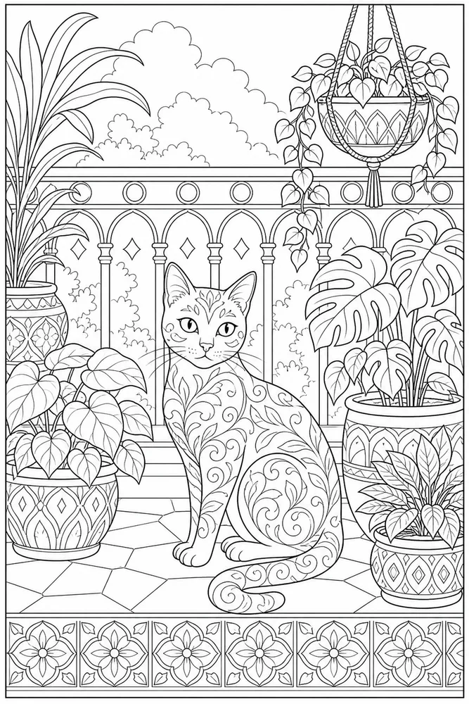 Adult cat on balcony with plants coloring page
