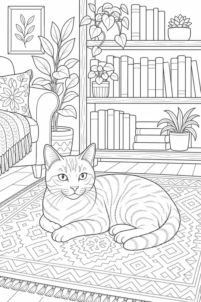 Adult cat near a bookshelf coloring page