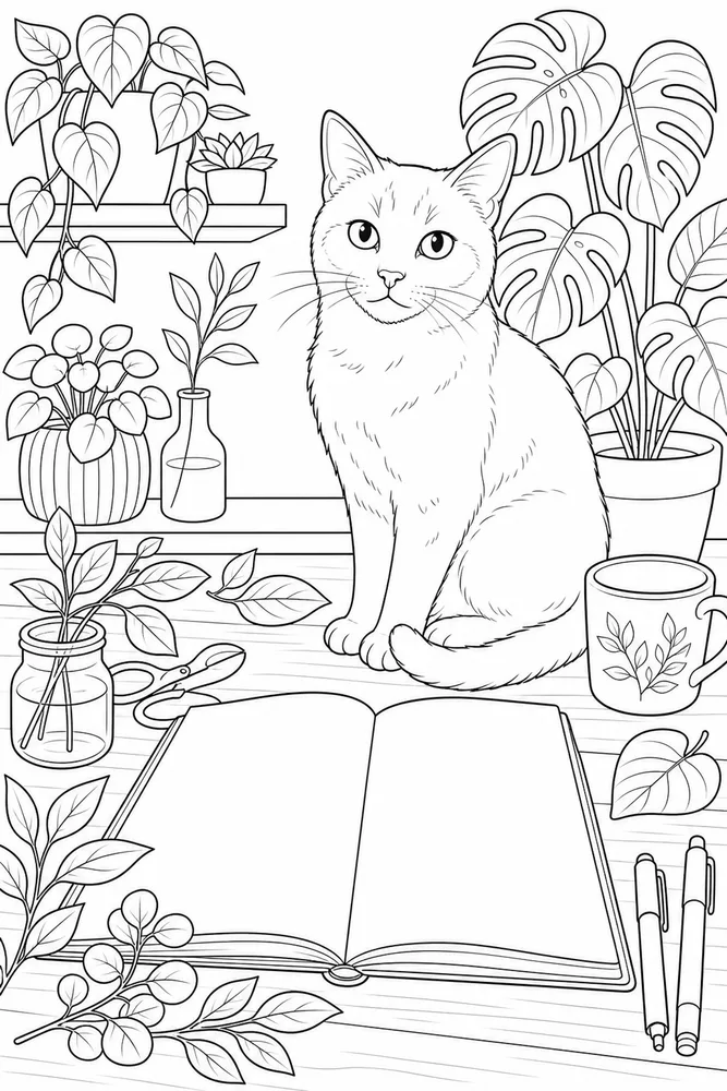 Adult cat on a botanical desk coloring page
