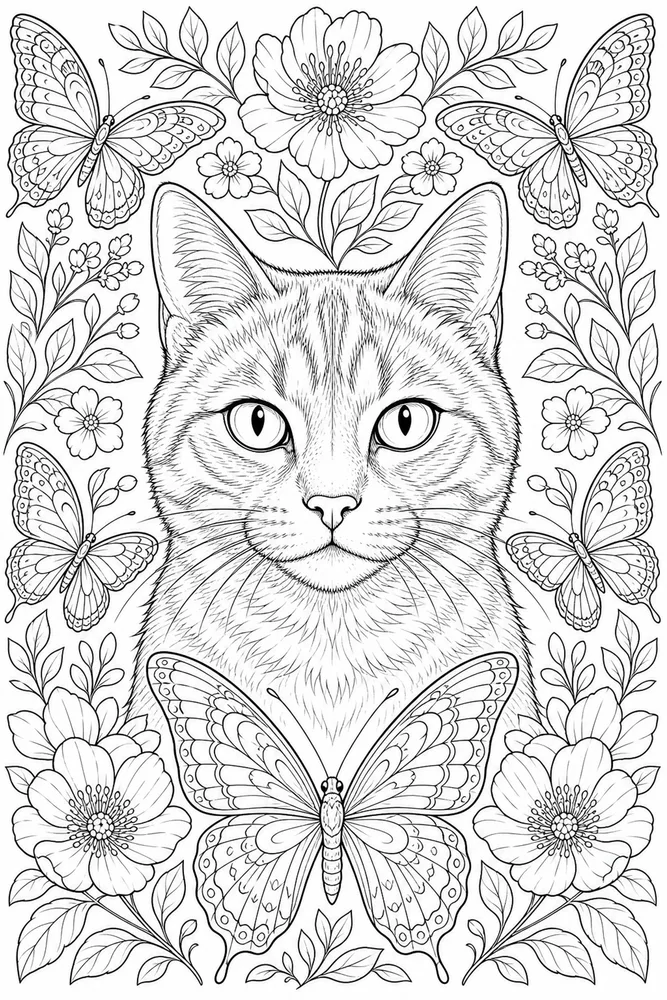 Adult cat portrait with butterfly frame coloring page