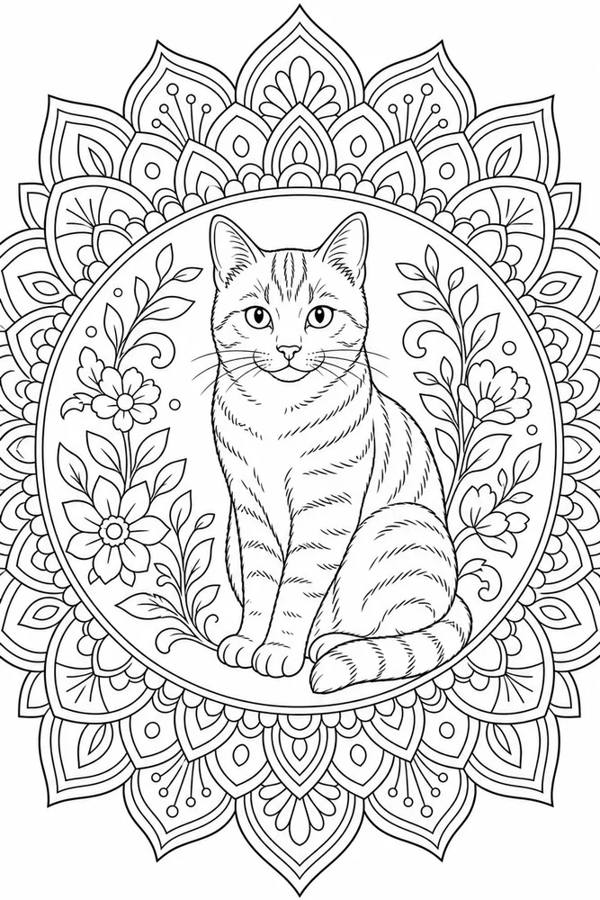 Adult cat in circular mandala frame coloring page