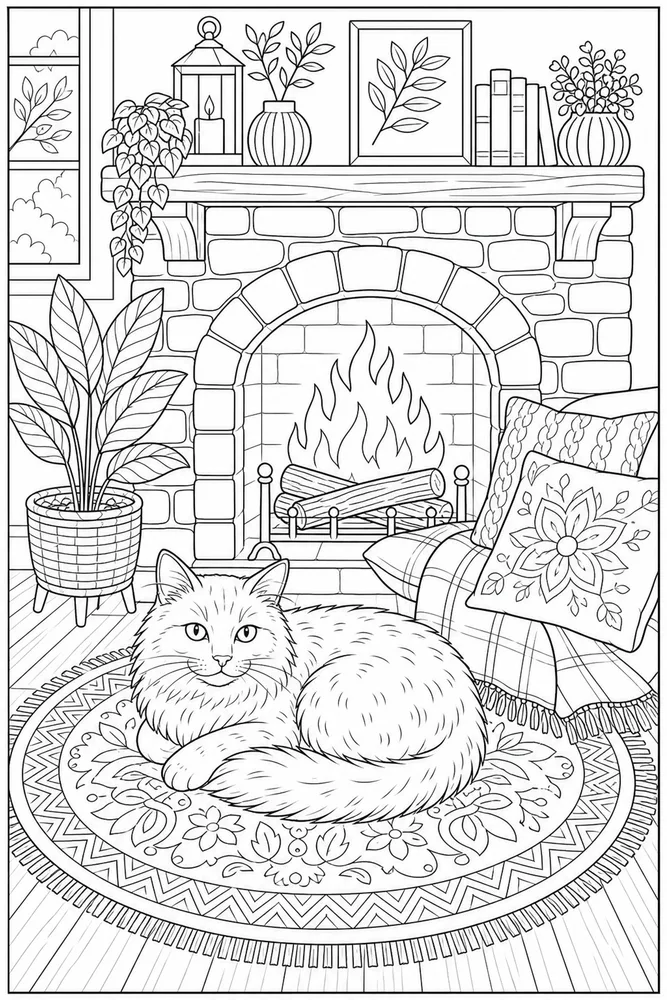 Adult cat resting near a cozy fireplace coloring page