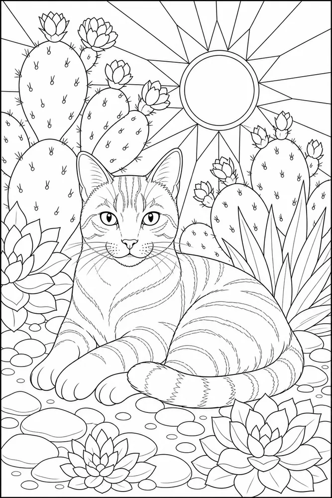 Adult cat among desert succulents coloring page
