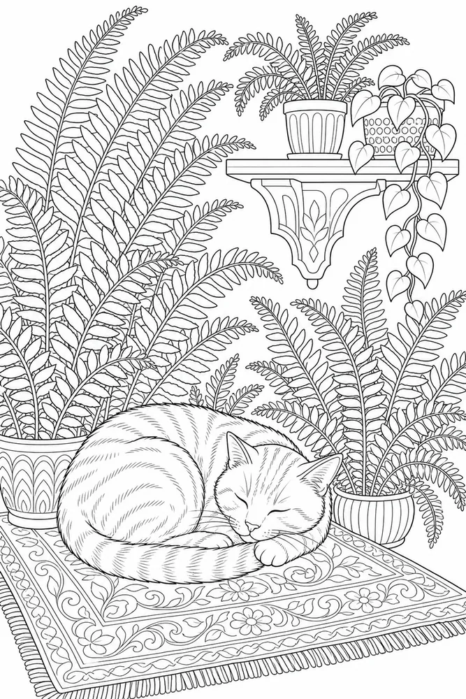 Adult cat curled near ferns coloring page