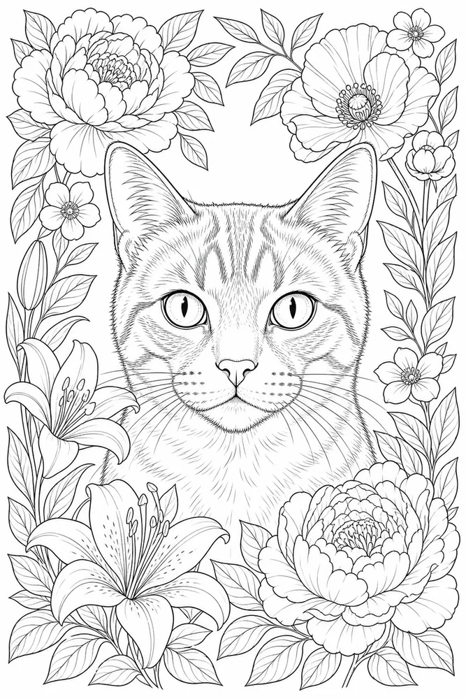 Adult cat floral portrait coloring page