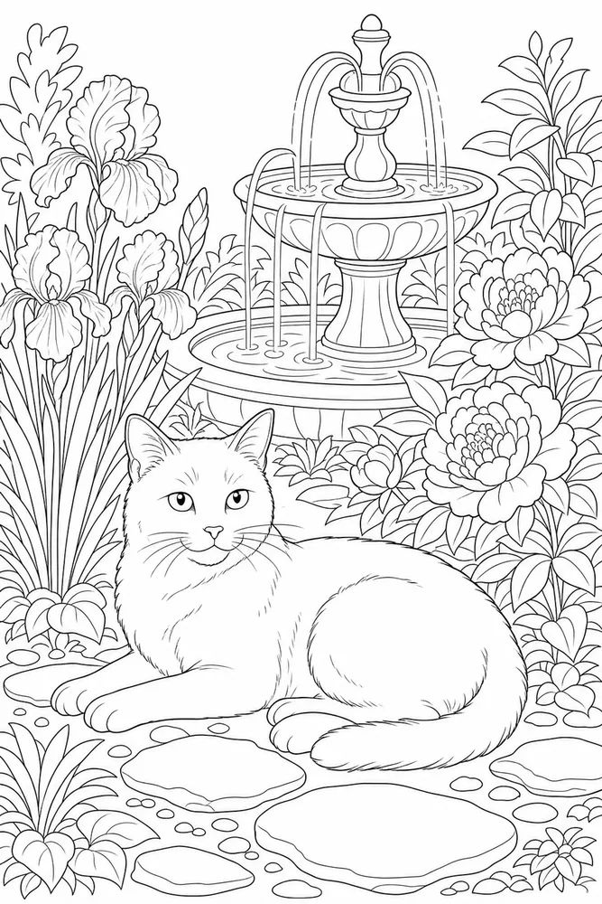 Adult cat beside a garden fountain coloring page