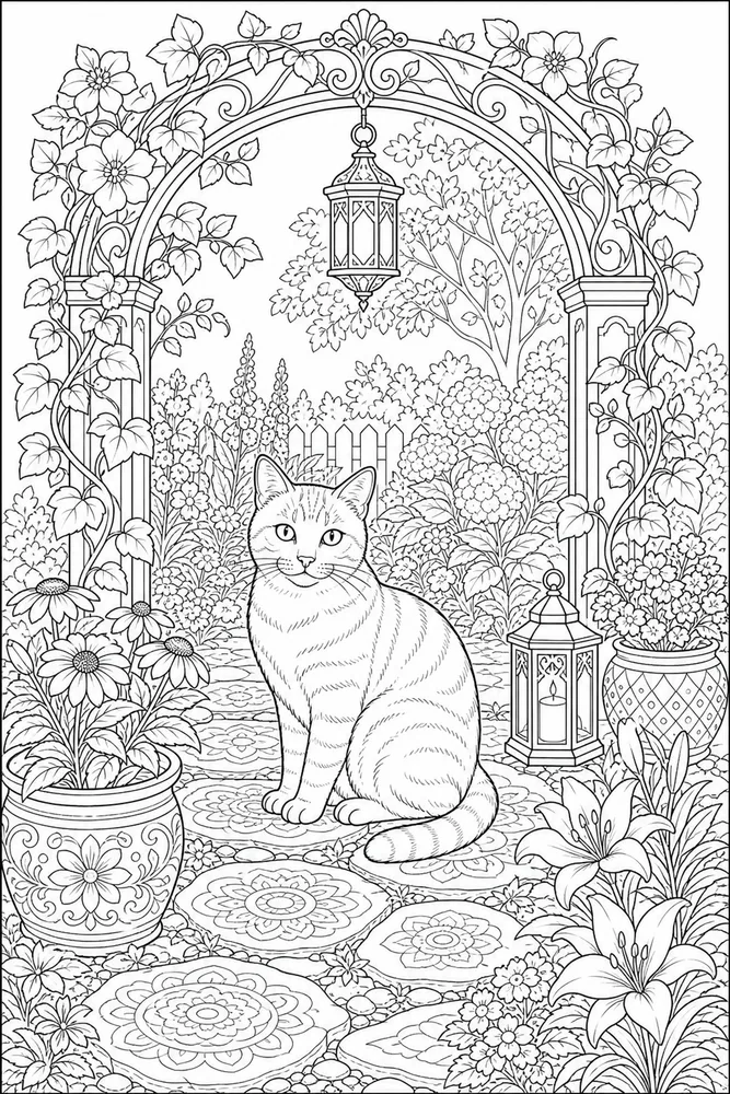 Adult cat under a garden arch coloring page