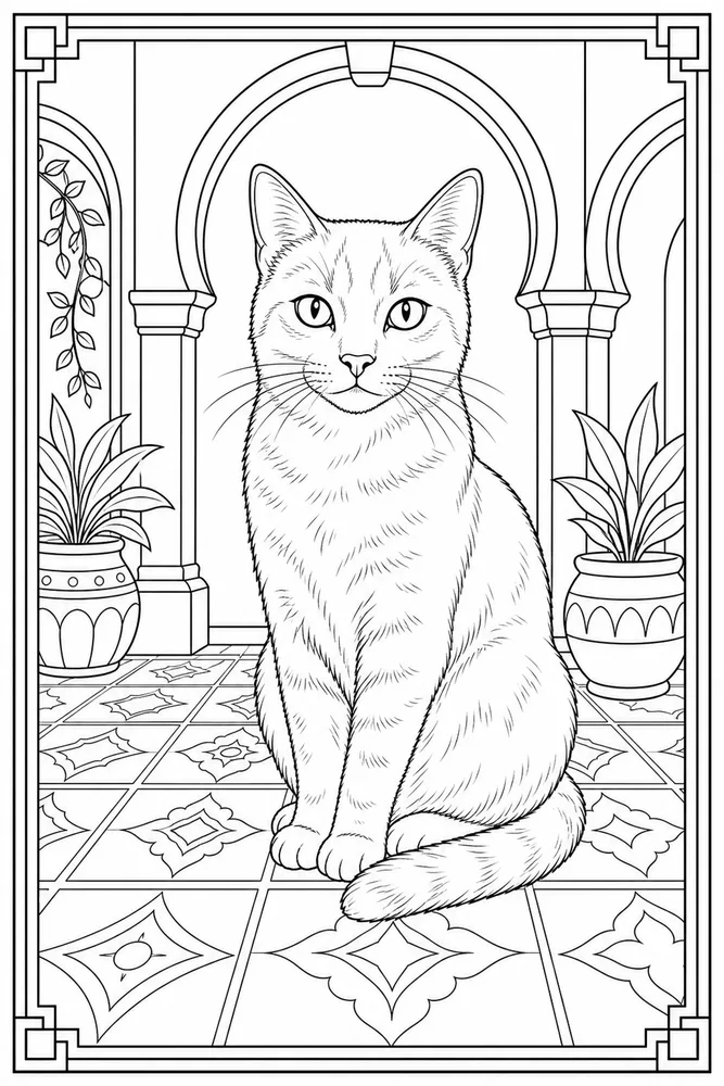 Adult cat inside a geometric border coloring page