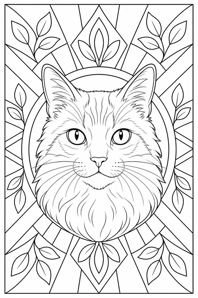 Adult cat with geometric sunburst frame coloring page