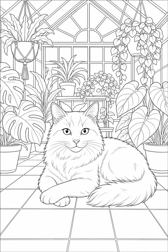 Adult cat in a greenhouse with tiled floor coloring page