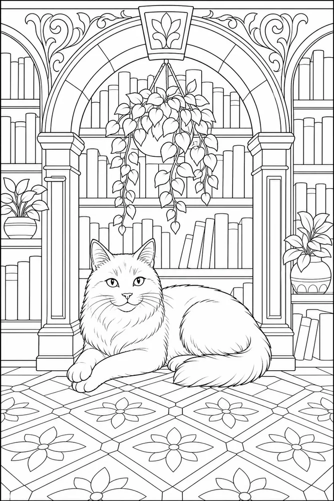 Adult cat under a library arch coloring page