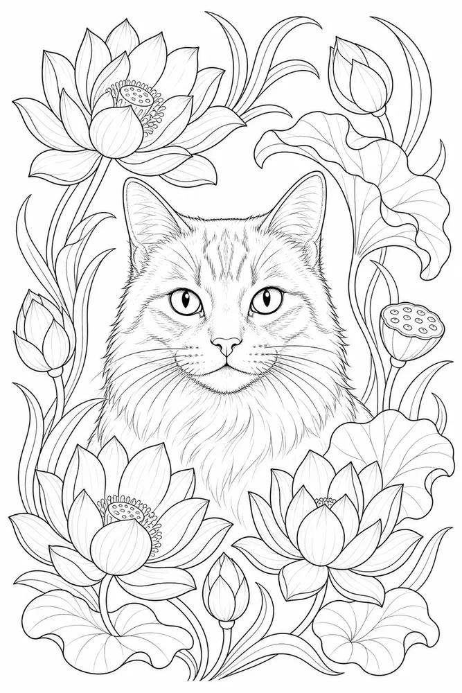 Adult cat with lotus flower frame coloring page