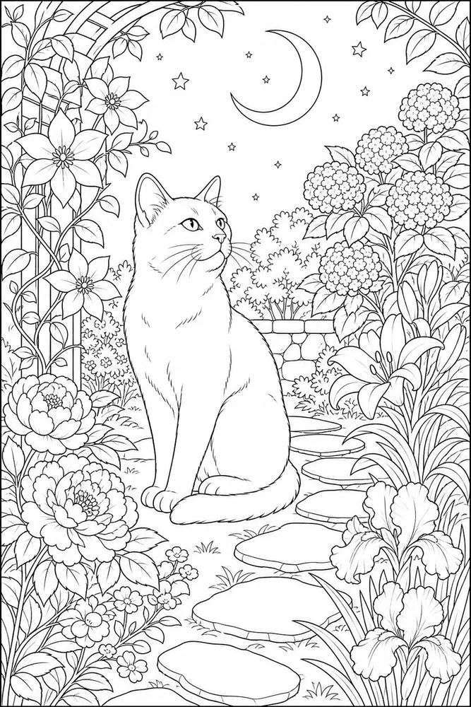 Adult cat in moon garden coloring page