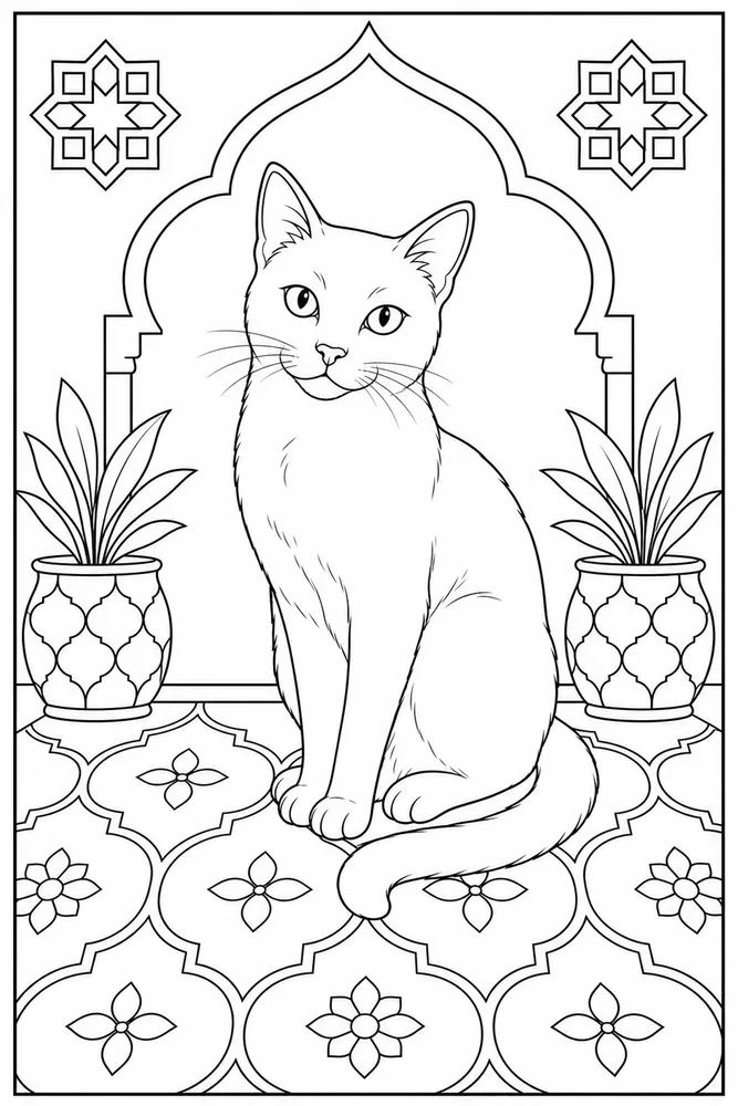 Adult cat with Moroccan tile patterns coloring page